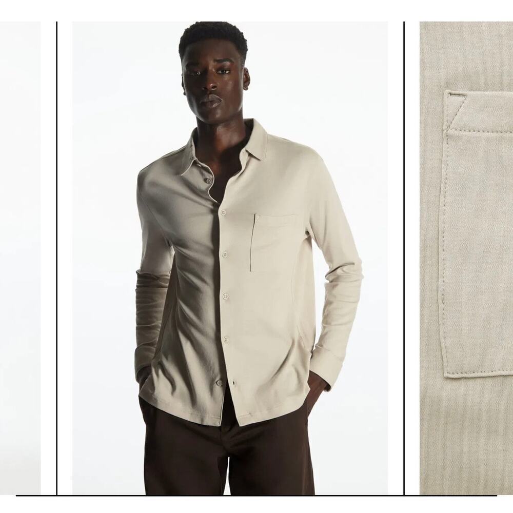 COS Long Sleeve Shirt Mens L 100% Cotton Beige Minimalist Regular Fit Neutral